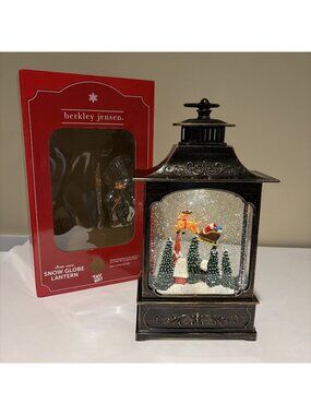 Berkley Jensen Santa Scene Snow Globe Lantern LED Illuminated Bronze 12" NEW